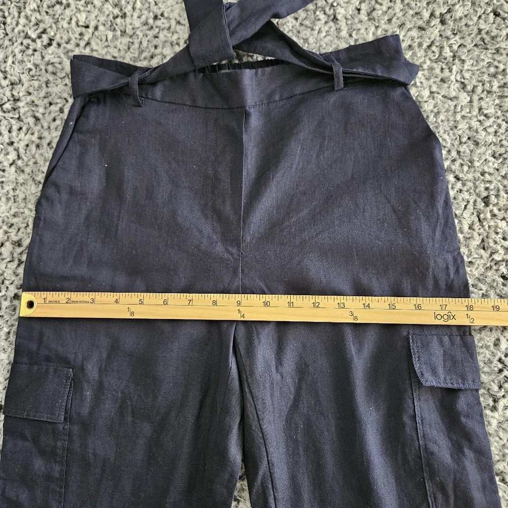Zara Navy Blue Linen Roll-Up Cargo Pants XS Cropped High Rise Tie Belt Women's
